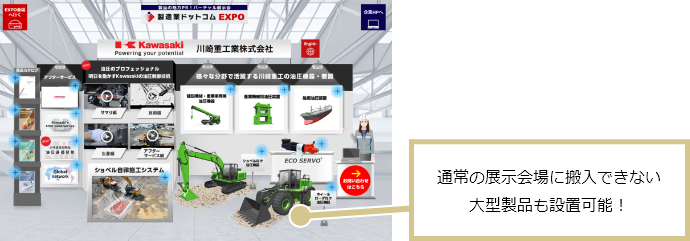 通常の展示会場に搬入できない大型製品も設置可能！